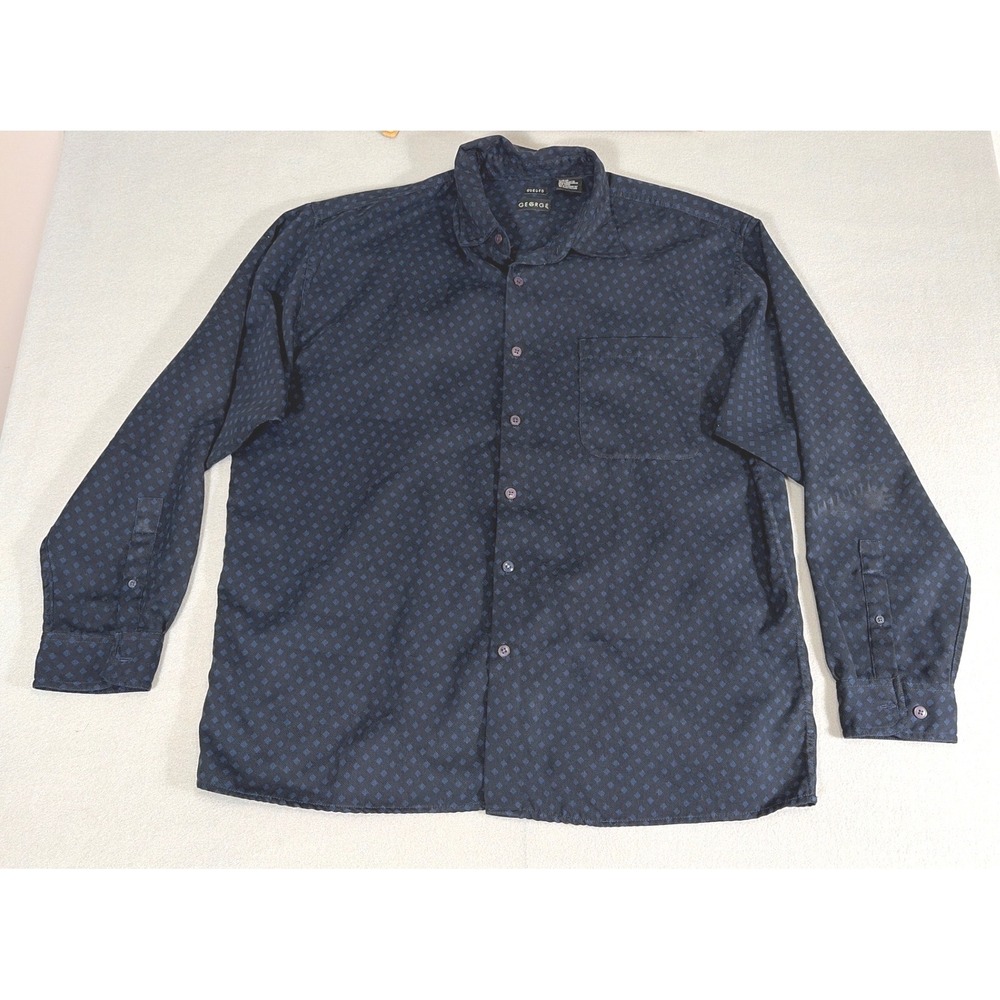 George Mens‎ XL Suede Polyester Button Down Shirt Navy Blue Geometric Diamond